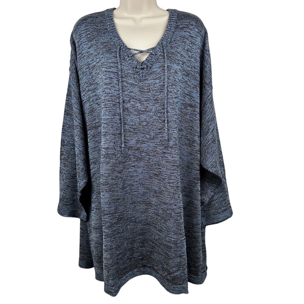 NEW Catherines Sweater Top Criss Cross Lace Up 3/4 Sleeve Marled Blue Black 3X